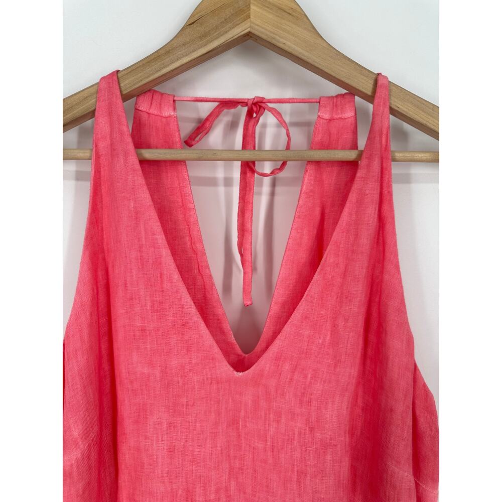 120% Lino Resort Linen Tiered Halter Maxi Dress Crochet Sleeveless, Coral Pink - Picture 5 of 14